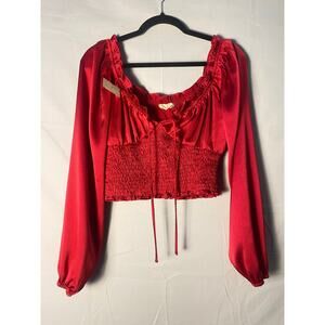 Altar’d State Red Hammered Satin Ruched Crop Top Smocked Women's Size Large